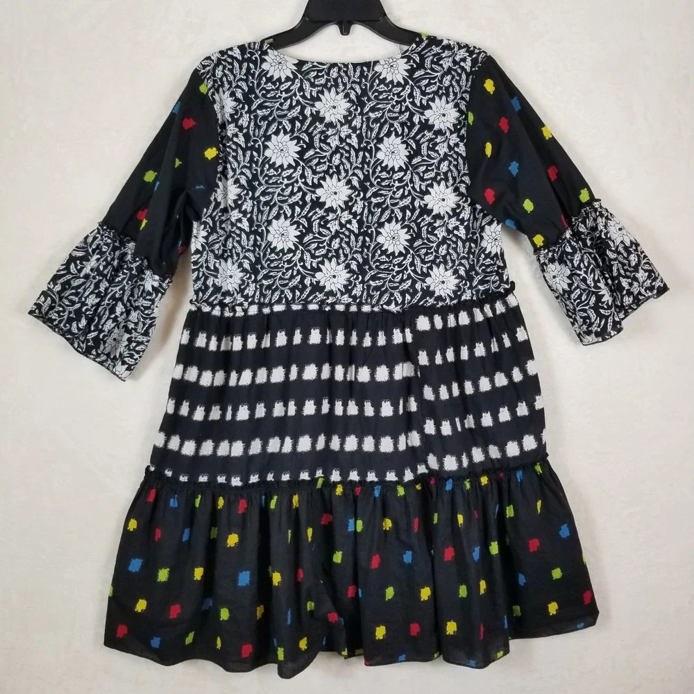 Dress Addict Women Cotton Mixed Print Floral Tiered Mini Dress Black Sz L Boho - Picture 2 of 7
